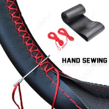 Car Auto Diy Black Leather Steering Wheel Cover Wrap Sew-on Kit 38cm