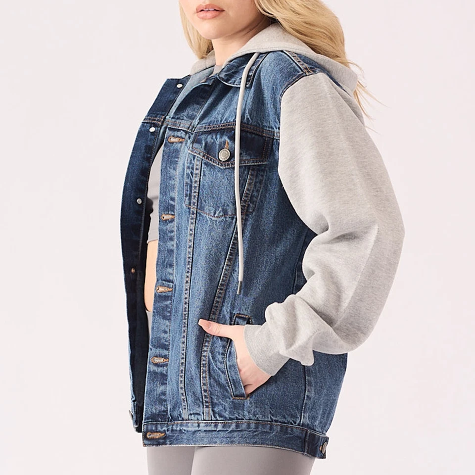 JMOJO Womens Denim Jacket Mid Blue Wash Pullover Hoodie Sweatshirt Jumper UK - Image 2 of 4