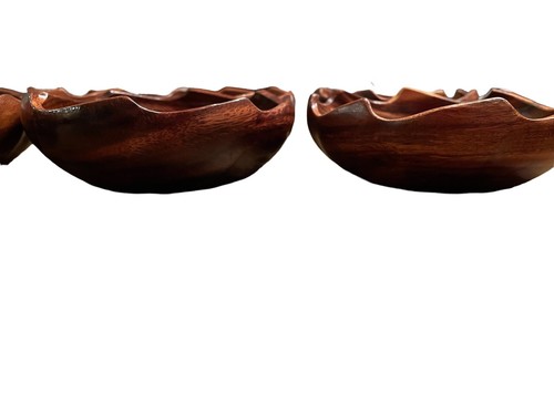 VTG Teak Wood Salad Bowl Set & Serving Bowl 8 Piece MCM Wave Tops RARE Set! - Picture 5 of 7