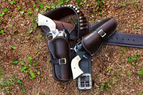 Western Leather Holster Gun Belt 44 / 45 Brown Hand Made Cowboy Revolver Pistol