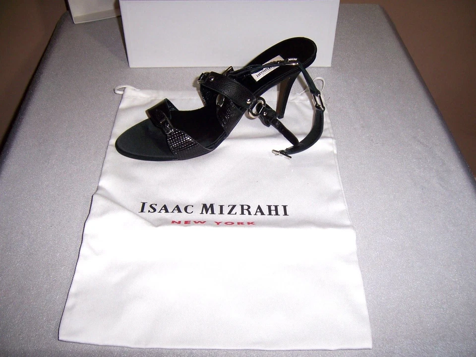 NEW ISAAC MIZRAHI SIZE 9.5 BLACK SNAKESKIN LEATHER STRAPPY SHOES SANDAL - Image 3 of 4