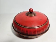 Red Round Vintage Sewing Metal Tin Knob Lidded Box Midcentury Notions Storage