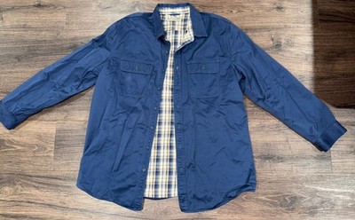 Vintage LL Bean Flannel Plaid Lined Barn Chore Shirt Jacket XLT Blue Canvas Work