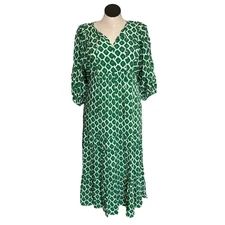 ANRABESS Green White Floral Print Midi Dress V Neck Tie Waist Size L