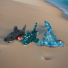 Ty Beanies Babies CRUNCK Shark POSEIDON Whale and FINS Seal Set of 3
