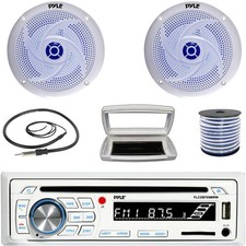 Pyle 1-DIN Marine CD Receiver W/White Cover, 2x 8'' 320W Max Blue LED Speakers