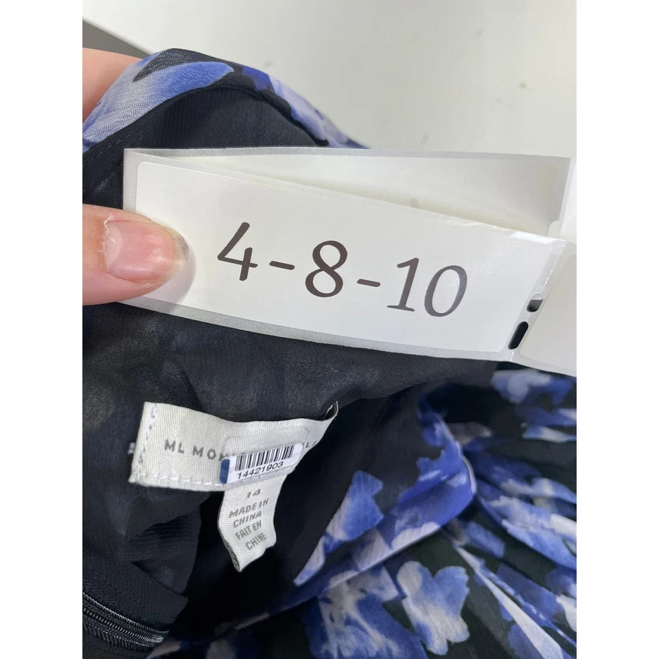 Vestido Monique Lhuillier Mujer 14 Azul Negro Melanie Cuello en V Gasa Sin Mangas Foto 4 de 4