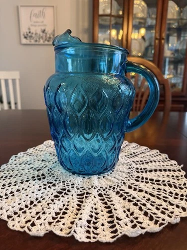 Vintage Anchor Hocking Madrid Laser Blue Glass Pitcher With A Diamond Texture