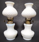 Oil Lamp Diamond Design Milk Glass Hurricane 8” Tall Hong Kong Vintage Lot of 2