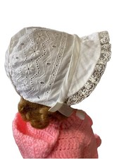 Vintage Handmade White Eyelet And Lace Baby Or Doll Bonnet