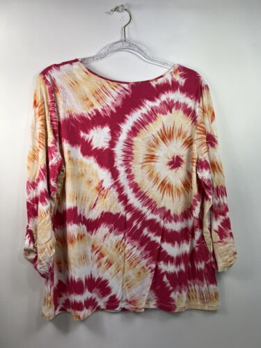 Chicos Tunic Women's Size 3 Yellow/Pink/White Stretch Scoop 3/4 Tab Sleeves - Picture 4 of 8