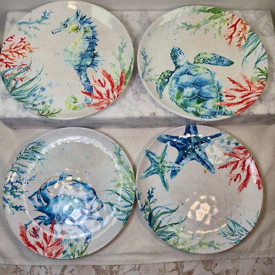 100% Melamine 9'' Sealife Lunch Plates Starfish Sea Turtle Seahorse Crab Set of 4