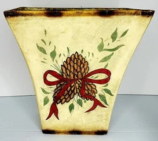 Resin Vase Christmas Ribbon Pine Cones Trash Can 12"H x 12"W x 6.5"Base x 7.5" D