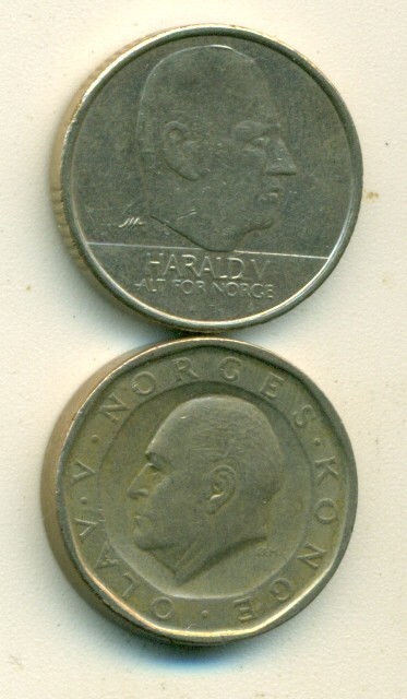 2 DIFFERENT 10 KRONUR COINS from NORWAY DATING 1987 & 1996 (2 DIFFERENT TYPES)
