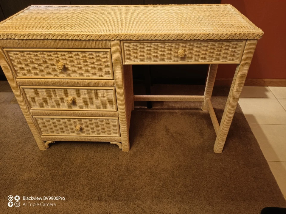 Rara mesa vintage Henry Link vime Lexington com tampo de cadeira vidro feita nos EUA - Imagem 4 de 4