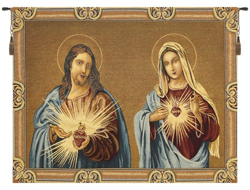 Sacro Cuore Gesu E Maria Italian Tapestry Wall Hanging 25x32 in Jacquard Woven - Afbeelding 1 van 5