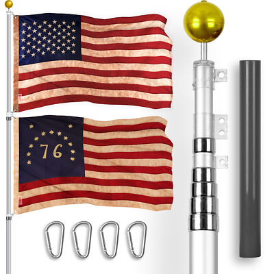25 Ft Telescoping Flagpole Silver & USA and Bennington TS Flags Emb 300D 3x5Ft