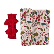 Mud Pie Kids Poinsettia Christmas Holly Muslin Cotton Baby Blanket Headband Set