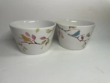 Pair of 222 Fifth Egremont Fine China Small Bowls Asian Birds Branches Leaves