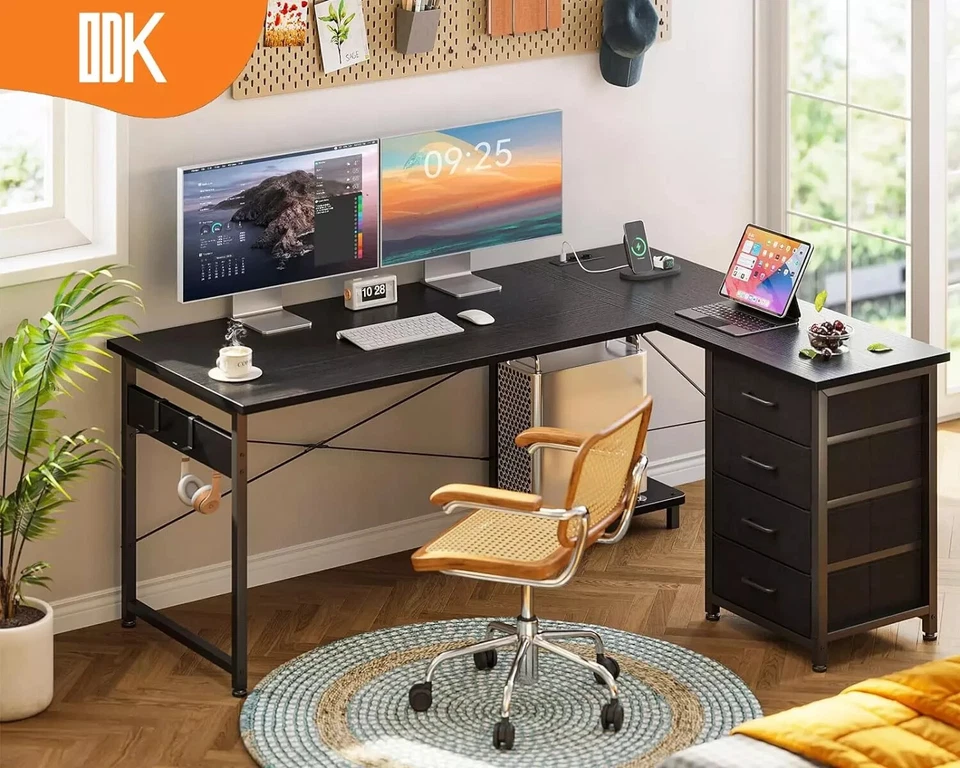 Schreibtisch Mit Schubladen L-Förmiger Schreibtisch Mit Steckdosen Und Usb - Bild 4 von 4