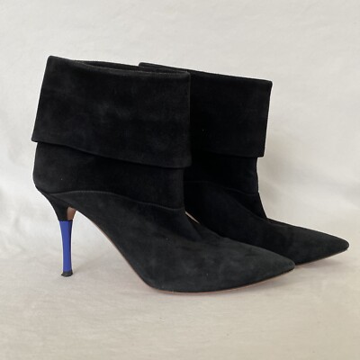 Aquazzura BLACK SUEDE BOOTS Size 39w/ROYAL BLUE STILETTO 3.5  Heel ITALY VGC!
