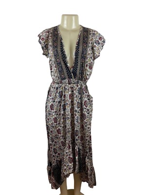 Perry Walker Womens Multicolor Floral Print Midi Dress With Tassel Sz S-M