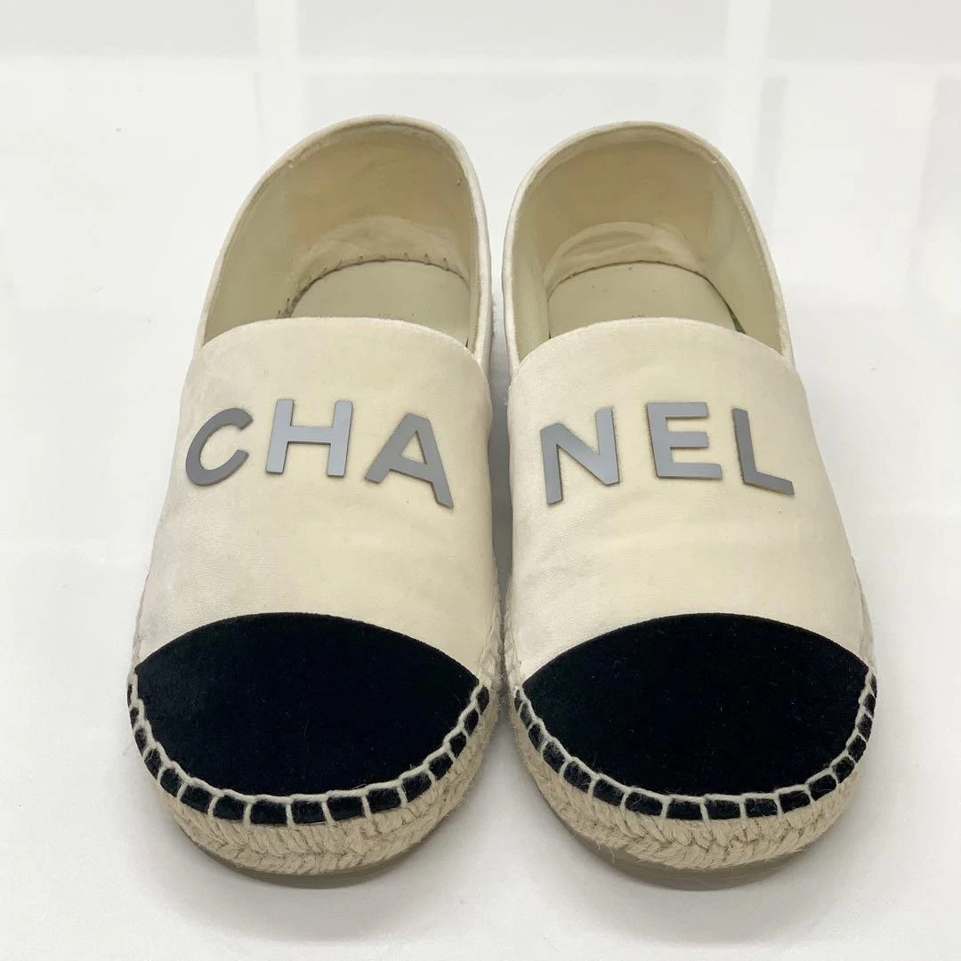 Chanel Espadrilles Slip-on Logo Flat Shoes Velor White/Black G34012 EUR36  US6