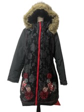 Joe Browns Embroidered Brocade Coat Size Uk 18 Black Faux Fur Parka Mid Length