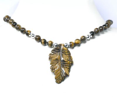 Kette 925 BLATT AMULETT TIGERAUGE Tigereisen Seide geknotet 48cm C9B03