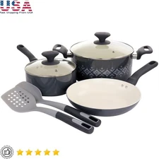 Durable Nonstick Ceramic 7 Piece Cookware Set W/ Tempered Glass Lids Nylon Tools