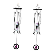 2-PC Gift Set  33" Long Wooden Top Geode Wind Chime Wavy Tube Figurine Statue 