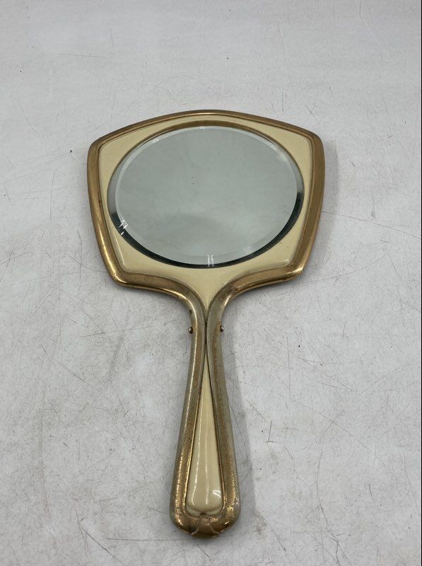 Gold Cream Colored Art Deco Style Portable Vanity Hand Mirror