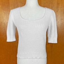 LOFT Outlet Short Sleeve Scoop Neck Sweater Size S White Cotton Rib/Open Knit