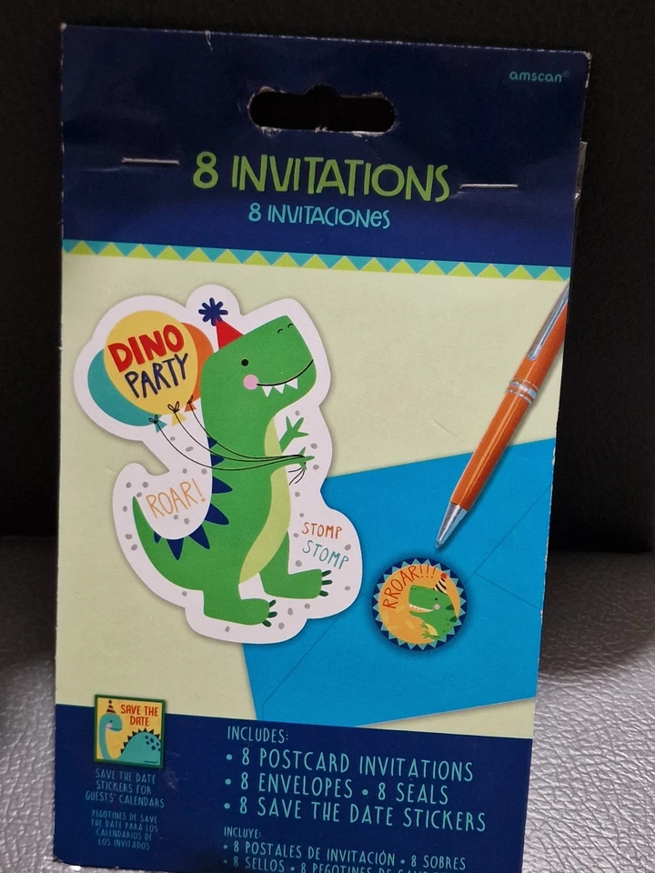 Amscan Dino Party 8-INVITATIONS and Envelopes Cards Save The Date Stickers New - Image 2 of 3