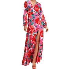 En Creme Sophie Dress Floral Maxi Side Slit Long Sleeve S Small Vibrant