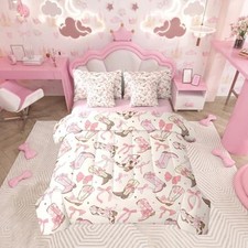Pink Bow 7-Piece Bedding Set Size Kids Cute Bowknot Bed Full Pink Beige Brown