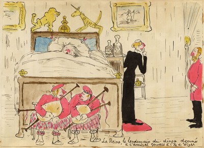 Queen Victoria Bed Osborne House Cartoon Pen & Ink Drawing c.1890 E.T. Vieux
