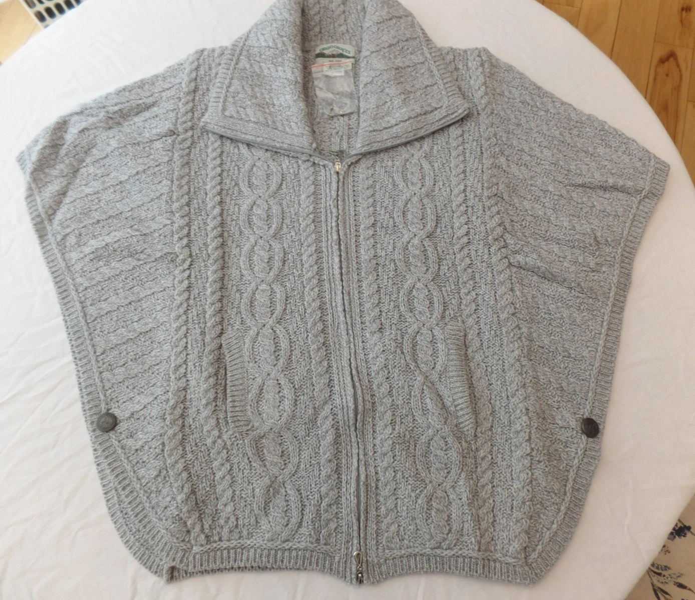 NWT Aran Craft Merino Wool Zip Front Cape Poncho Irish Sweater XL 18 20 Gray