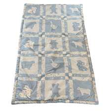 Vtg Cheater Quilt Baby Patchwork Handmade Farm Animals 31  X 49  Blue White