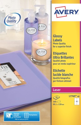 Avery Laser glänzend Etikett 139 x 99 mm 4 pro A4 Blatt weiß Packung 160 Etiketten L7769-40