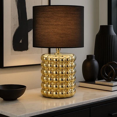 Tischlampe Schlafzimmerleuchte Nachttischlampe Keramik Textil Gold Schwarz  - Bild 1 von 4