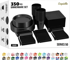 Party Solids 350 Pieces Black Plastic Plates For Party, 