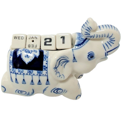 Ceramic ELEPHANT w/ PERPETUAL CALENDAR Blue Thailand - 3.5'' Long x 2.5'' Tall