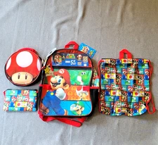 Super Mario 5 Piece Set Backpack Cinch Sack Lunch Bag Pencil Case Keychain NWT