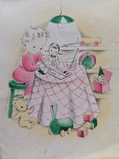 As Is 1930s Vtg Norcross Christmas Card TOY SHOP SERIES Child Doll Paints Bear 