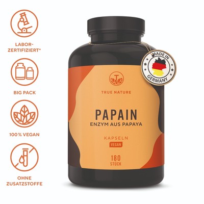 Papain - 180 Kapseln - Papaya Enzym - Vegan & Made in Germany - TRUE NATURE 