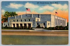 Detroit Michigan~Naval Reserve Armory~Art Deco Style~Vintage Linen Postcard