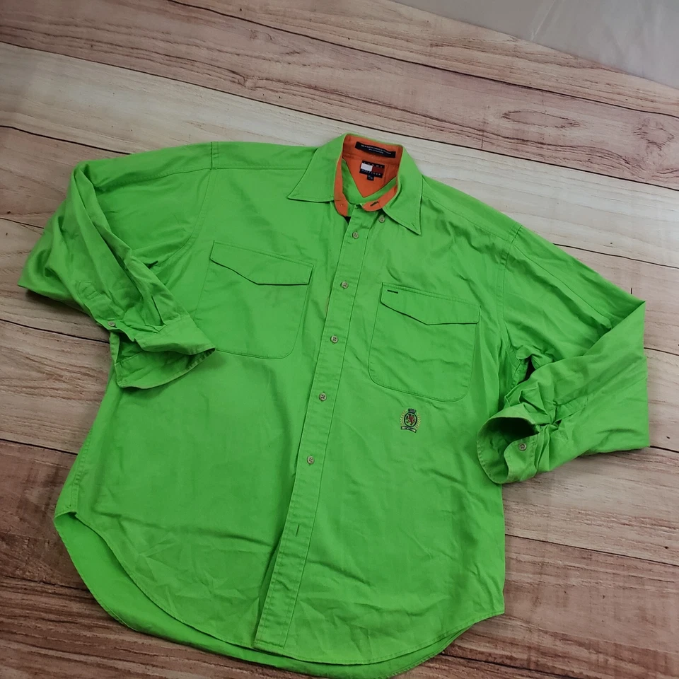 Camisa Tommy Hilfiger DE COLECCIÓN Para Hombre Mediana Verde Naranja Escudo Abotonado Adulto Años 90 Foto 2 de 4