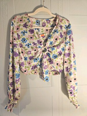 Amisu Floral Cropped Long Sleeve Blouse Size L