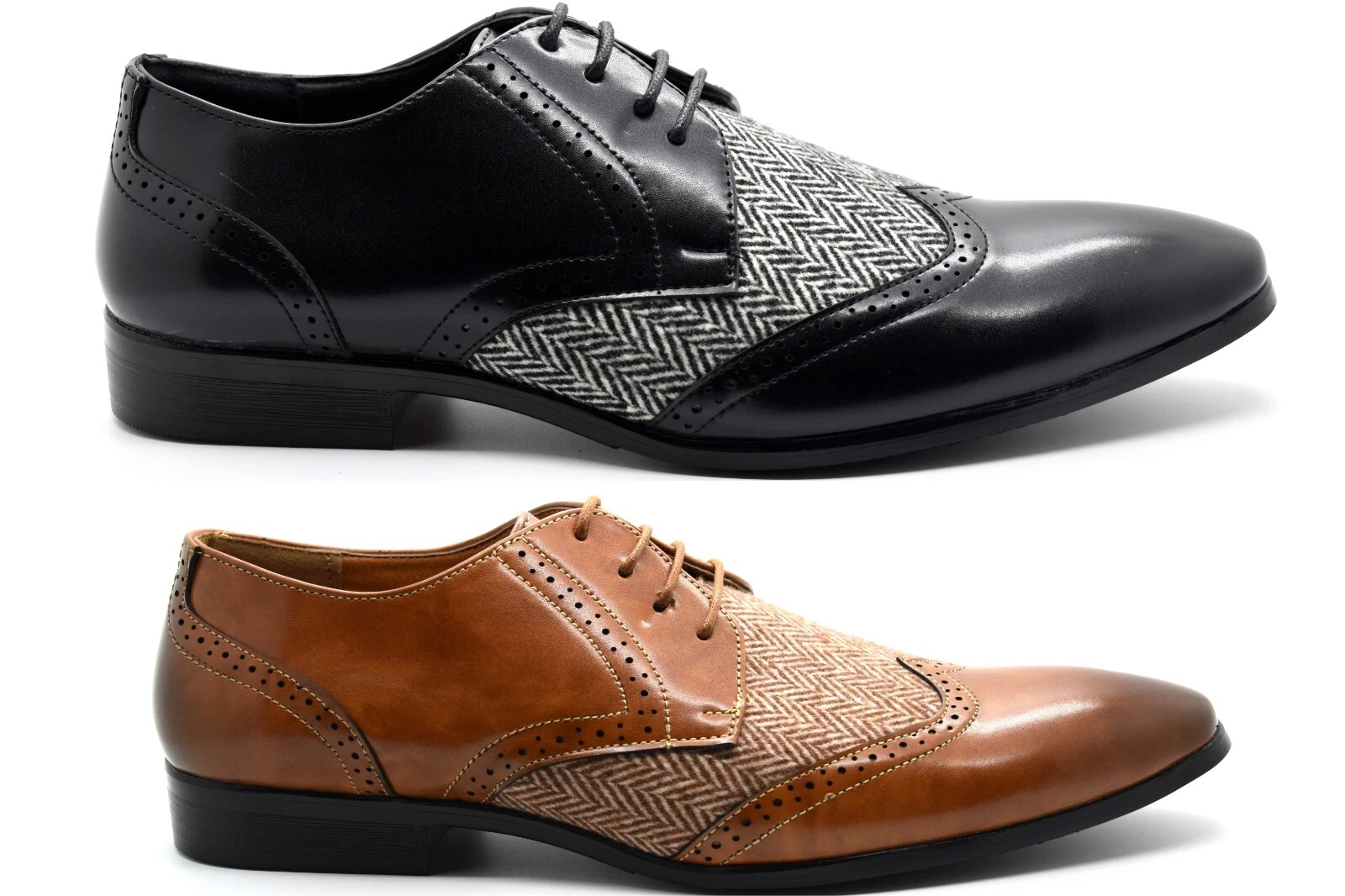 Mens Faux Leather Tweed Classic Derby Brogue Formal Dress Party Lace Up Shoes Uk